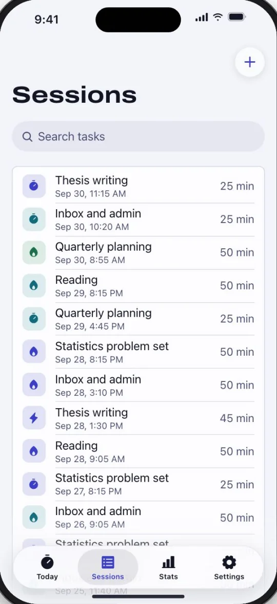 Focus sessions screen