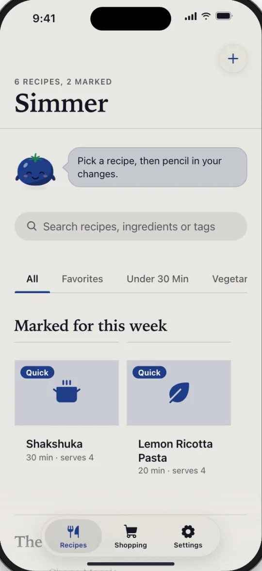 Simmer recipes screen