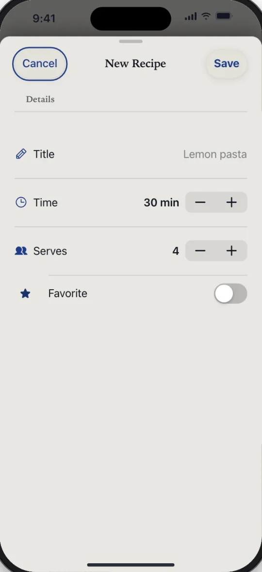 Simmer new recipe screen