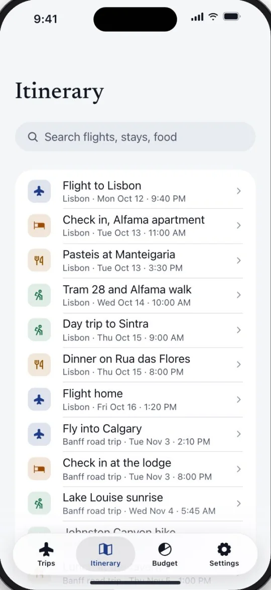 Wanderly itinerary screen